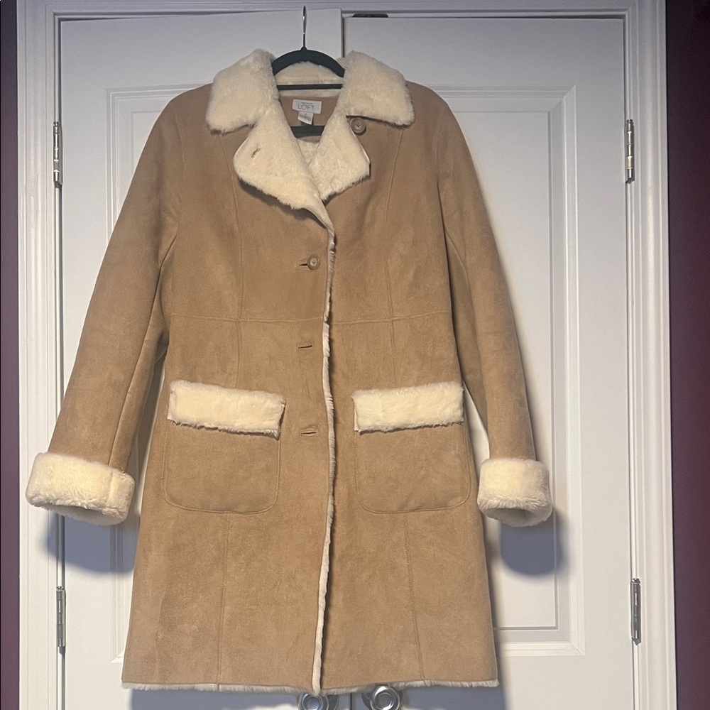 LOFT Tan Faux Suede Shearling 70s Chic Jacket with Cream Fur Details